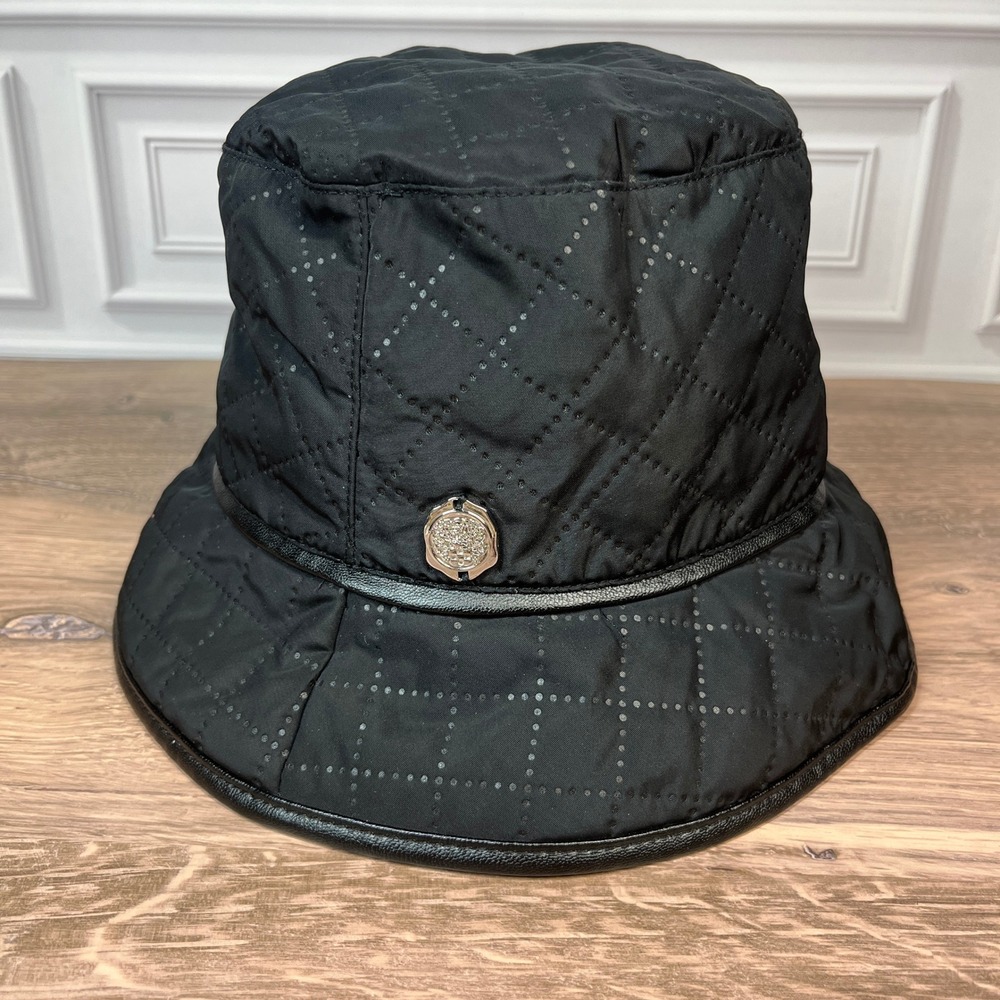 Vince Camuto All Seasons Bucket Hat Black Quilted Faux Leather Trim Logo Crest